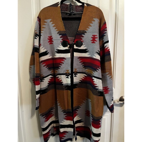 Anne French Boutique Style Sweaters - Aztec Southwest Long Cardigan Duster Sweater Jacket Coat L Large Tribal